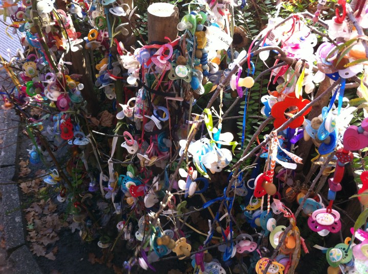 Kinderen nemen afscheid van hun speentje door 'm in de Schnullerbaum van Aken te hangen